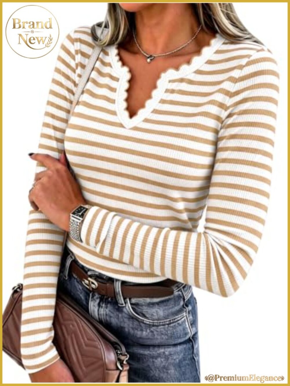 Striped Knit Pullover Sweater V-Neck Long Sleeve Slim Fit